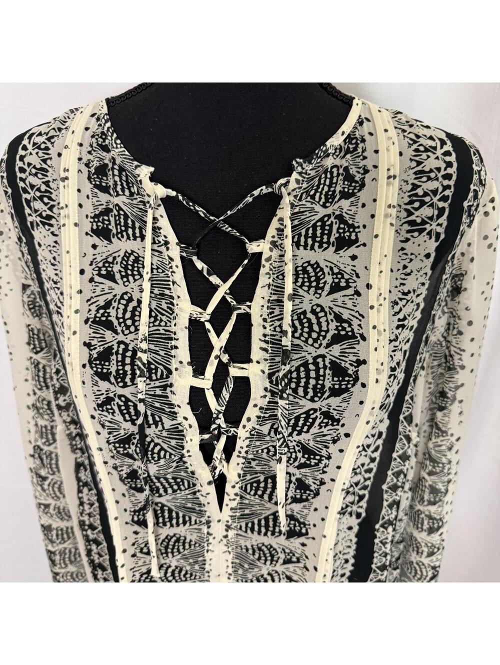 CABI M Bohemian Womens Lace-Up Swim Cover-up Sheer Black & Cream w/Pattern